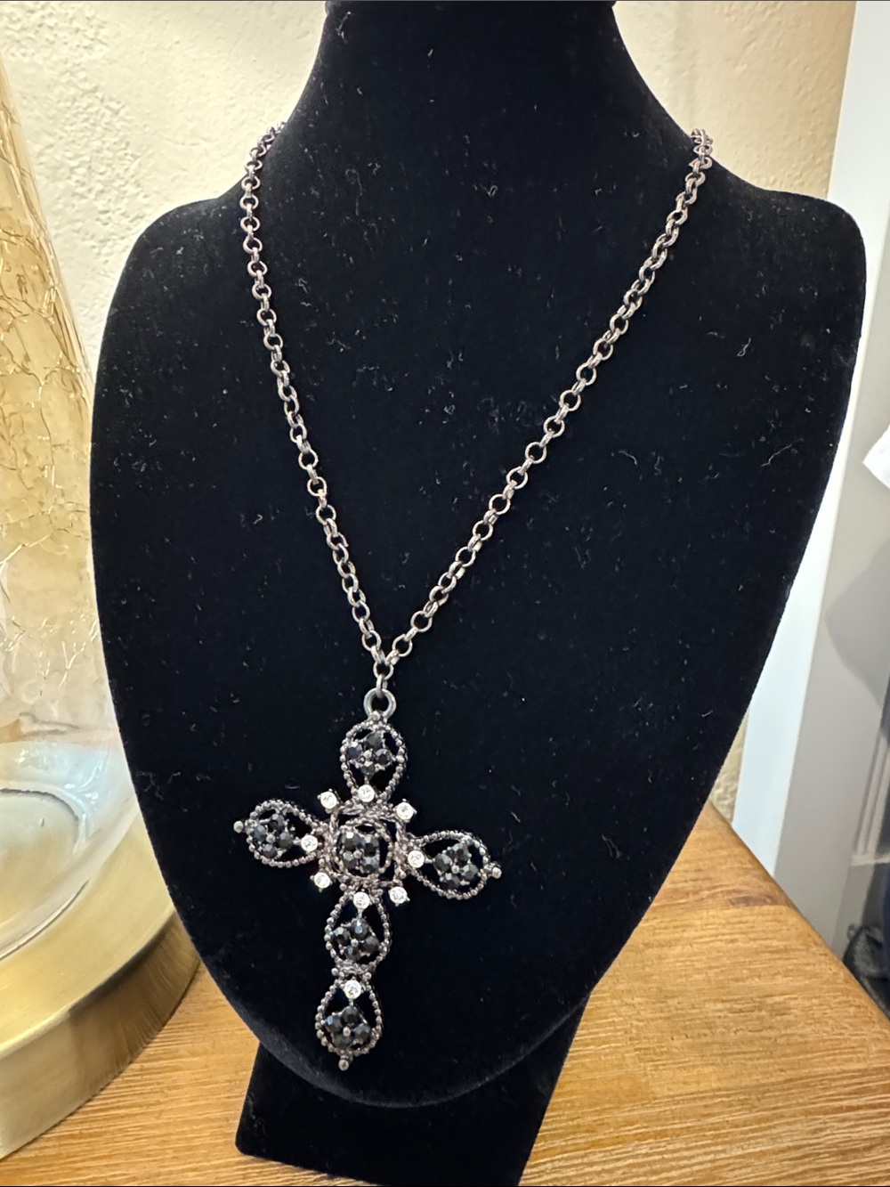 Gunmetal Crystal Cross Pendant Necklace unisex